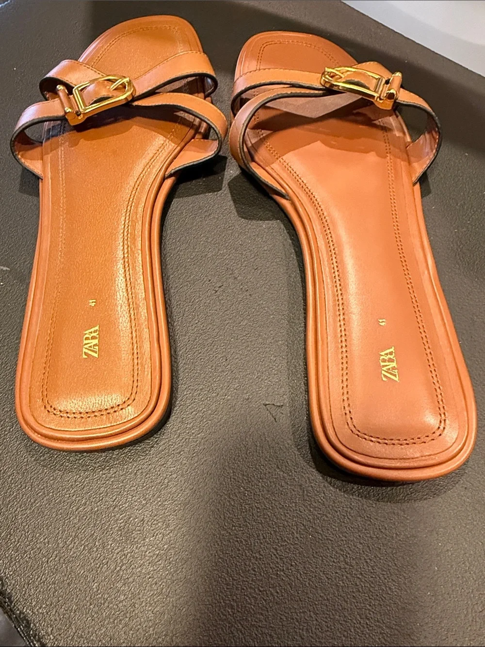 Zara Cognac Leather Slide Sandals with Gold Buckle Detail - Picture 3 of 4